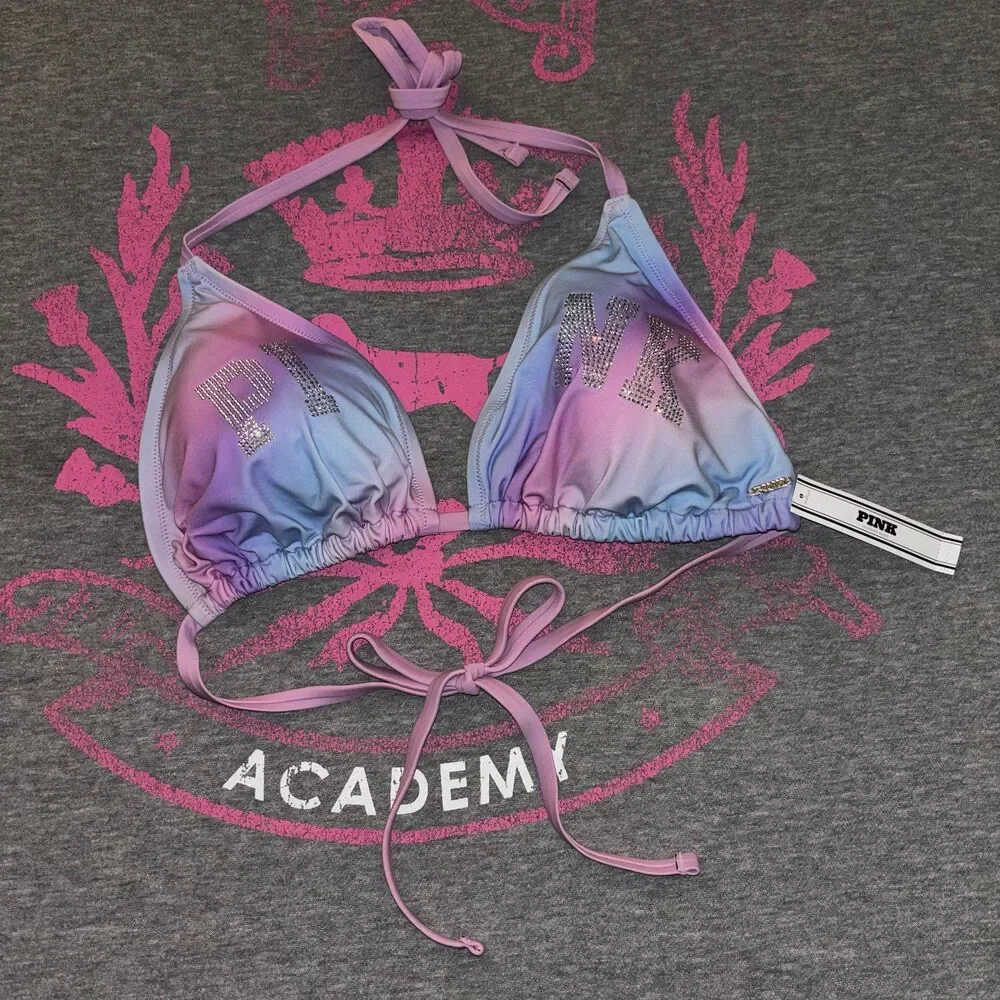 Victorias Secret PINK String Bikini Set Rainbow Ombre Cotton Candy Bling M-DD